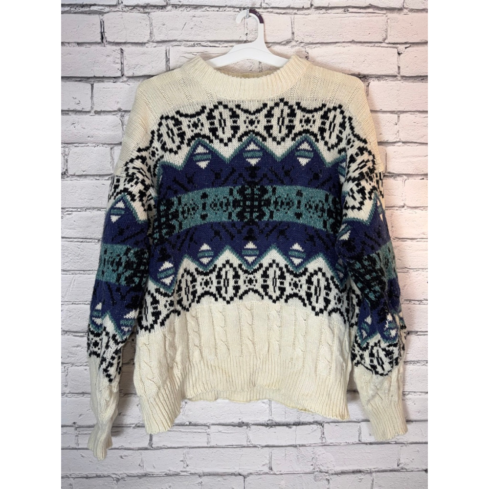 Men’s Wool Crew Neck Fair Isle Fisherman Grandpa Core Sweater Vintage size XL